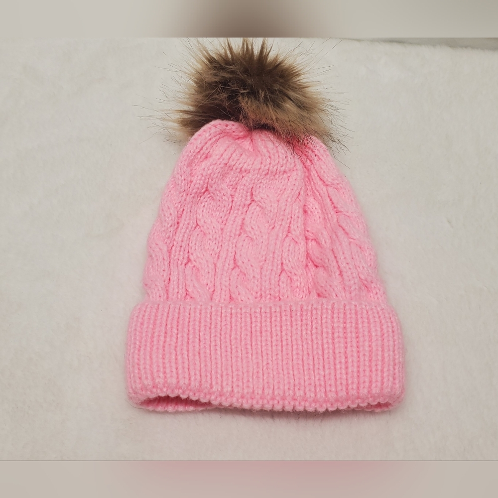 💖10 FOR 20💖Kids Pink Cable Knit Beanie with Faux Fur Pom